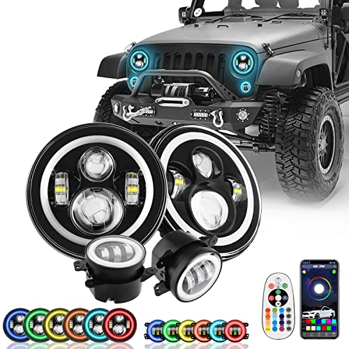 SUNPIE 7 inch RGBW Halo LED Headlights Bulb with 4 inch RGBW Fog Lights Combo IP67 Waterproof APP/Remote Control Custom Colors, Music Mode for 2007-2018 JK/JKU, 1997-2006 TJ, 2004-2006 LJ, 76-86 CJ