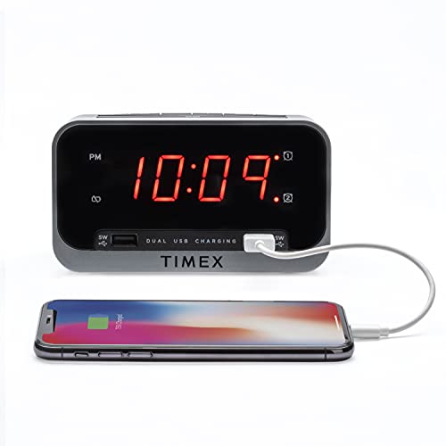 Timex Bedside Alarm Clock with Dual USB Charging, Dual Alarm, Nightlight, Snooze bar, and Battery Backup (T1300)