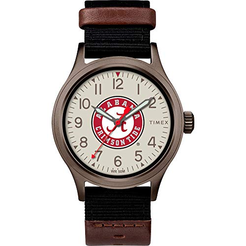 Timex Men's Collegiate Clutch 40mm Watch – Alabama Crimson Tide with Black Fabric & Brown Leather Strap