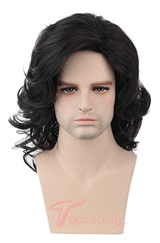 Topcosplay Men Wigs Long Black Curly Wave Layered Natural Style Halloween Costume Wig with Bangs