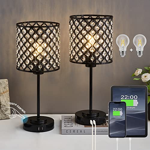 Touch Control Crystal Table Lamp Set of 2, Black Bedside Nightstand Lamps with 2 USB Charging Ports 3-Way Dimmable Crystal Decorative Desk Lamp for Bedroom Guest Room Living Room, Bulbs Included