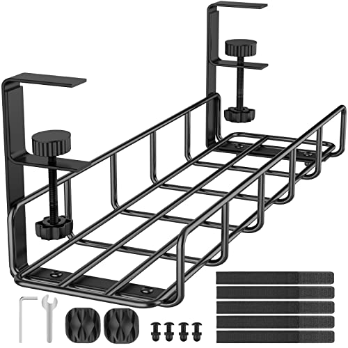 Under Desk Cable Management Tray, 15.7'' No Drill Steel Desk Cable Organizers, Wire Management Tray Cable Management Rack, Desk Cable Tray with Wire Organizer and Desk Cord Organizer