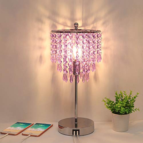 USB Bedside Crystal Lamp, 3-Way Dimmable Touch Nightstand Lamp with Dual USB Charging Ports, Lavender Table Lamp Decorative Accent Lamp Silver for Bedroom, Living Room, Office, B11 LED Bulb Included