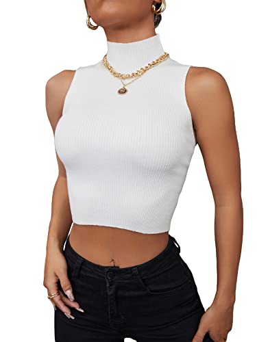 Verdusa Women's Sleeveless High Mock Neck Ribbed Fitted Solid Crop Tank Top White Rib M