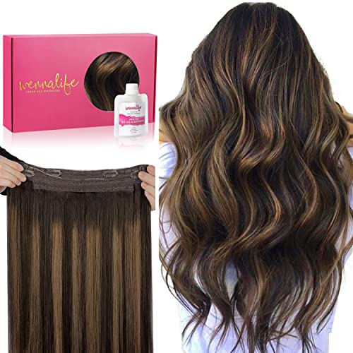 WENNALIFE Wire Hair Extensions (Increase 50% Lifespan) Real Human Hair 12 inch 70g Balayage Dark Brown to Chestnut Brown Remy Wire Hair Extensions Invisible Transparent Fish Line Real Hair Extensions