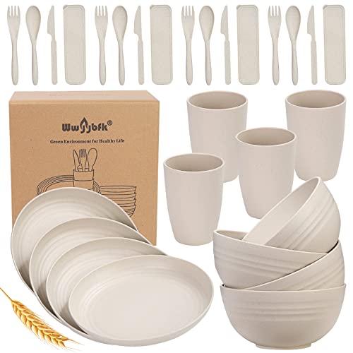 Wheat Straw Dinnerware Sets, 28PCS Plastic Plates and Bowls Sets College Dorm Room Essentials Dishes Set with Cutlery Set Microwave Safe (Beige)