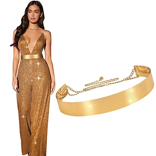 XZQTIVE Metal Waist Belt Women Shiny Polished Mirror Gold Chain Belts Metallic Waistband Adjustable Body Link Dress Belts (Gold, 1.57'' Width)