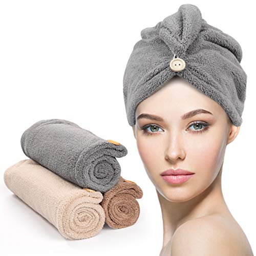 YFONG 3 Pack Microfiber Hair Towel with Button, Super Absorbent Fast Drying Hair Wraps for Curly Hair, Anti Frizz Microfiber Towel for Women