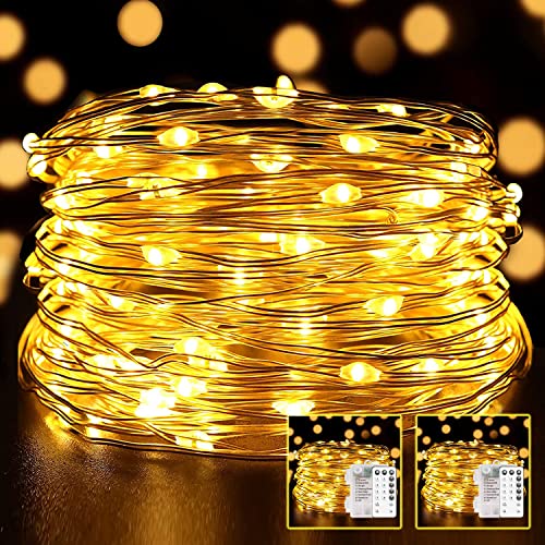 YOEEN 2 Pack Fairy Lights Battery Operated 33Ft 100 LED String Lights with 8 Modes Remote Timer Waterproof Warm White Copper Wire Twinkle Lights for Bedroom Patio Party Wedding Chirstmas Decor