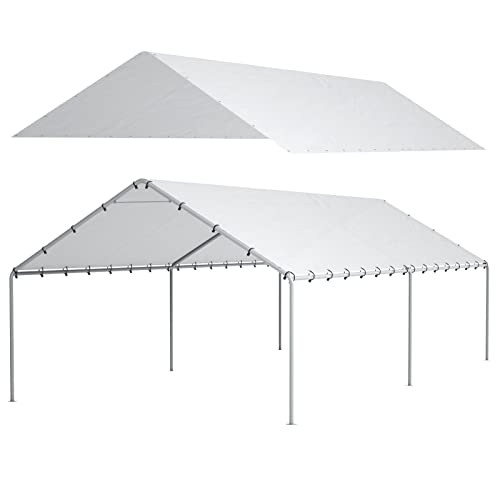 10 x 20 Ft Carport,Replacement Canopy Cover Garage Top Tent Shelter Tarp,White with 48 Ball Bungee Cords Waterproof & UV Protected (Only Tarp Cover, Frame Not Include)
