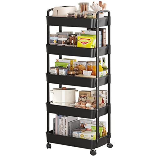 5-Tier Rolling Cart, Multipurpose Utility Cart, Rolling Carts with Lockable Wheels, Storage Cart Craft Cart Organizer for Bathroom Laundry Kitchen,Used as Book Art Snack lash Makeup Diaper cart,Black