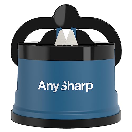 AnySharp Essentials - Knife Sharpener with PowerGrip - For Knives and Serrated Blades - Blue