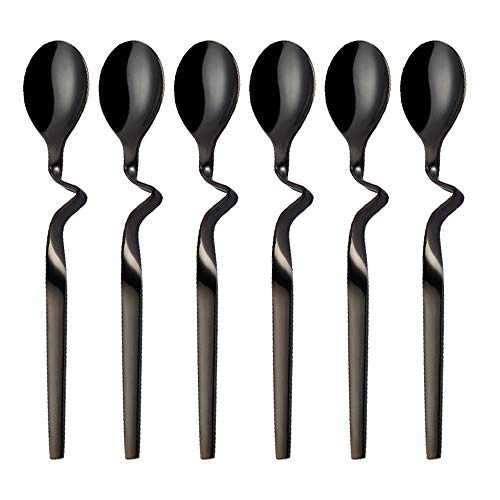 Black Demitasse Espresso Spoon, Seeshine Stainless Steel Jam Honey Spoon, Coffee Stir Spoon with Curved Handle, Set of 6