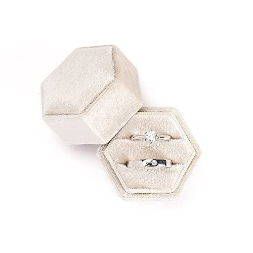 Etercycle Velvet Jewelry Ring Box, Hexagon Premium Gorgeous Vintage Double Ring Gift Box with Detachable Lid for Proposal Engagement Wedding Ceremony(Beige)