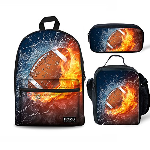 FOR U DESIGNS Teenager Children's Bookbag Canvas Backpack One Set + Picnic Lunch Box + School Pen Case Fire Football