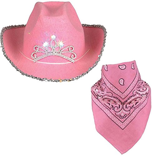 Funny Party Hats Cowboy Hat - Western Hat with Paisley Bandanna - Dress Up Clothes (Pink Flashing Tiara Cowboy Hat with Pink bandana)