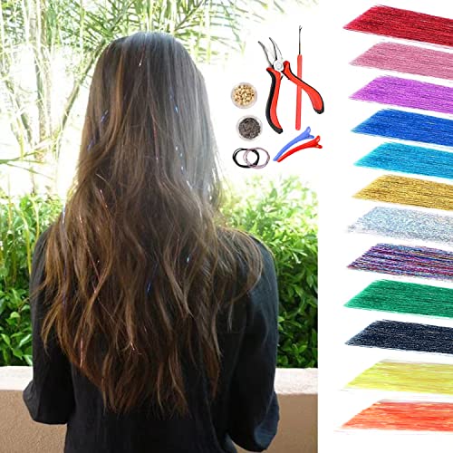 Hair Tinsel Kit, 12 Colors Tinsel Hair Extensions with Tools, Glitter Fairy Hair Sparkingly Hairpiece for Party Halloween Christmas New Year