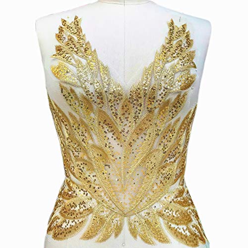 High-end Gold Color Sequins Lace Applique Patch, Sewing for Wedding Dress Women Evening Costumes Gowns DIY Decoration