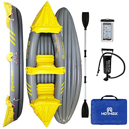 HotMax 2 Person Inflatable Kayak for Adults Beginners Foldable Touring Kayaks Yellow Professional Series 10 Safety Independent Air Valves Canoe with Aluminum Paddle, Pump (Two Person)