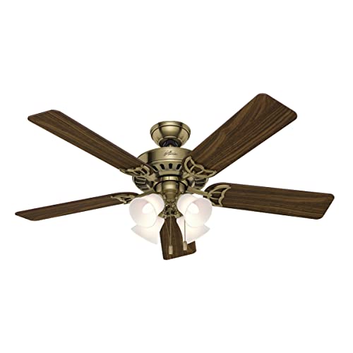 Hunter Fan Company 53063 Studio Series 52 Inch Ceiling Fan with 4 Covered Energy Efficient LED Lights and Pull Chain Control, Antique Brass, 52