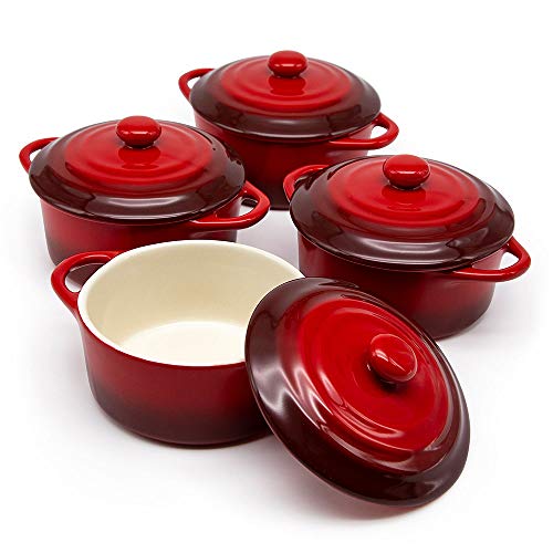 Kook Ceramic Mini Cocotte Set, Small Casserole Dishes with Lids and Handles, Individual Baking Ramekins, Oven, Microwave & Dishwasher Safe, Stoneware, 12 oz, Set of 4