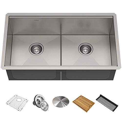 KRAUS KWU112-33 Kore Workstation 33-inch Undermount 16 Gauge Double Bowl Stainless Steel Kitchen Sink with Integrated Ledge and Accessories (Pack of 8)