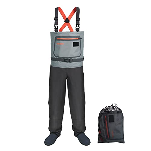 LINGVUM Chest Wader, High Waist Wading Pants 3-Ply Breathable Fishing Wader with Durable Neoprene Stocking Boots for All Watersport, Gray L