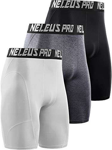 NELEUS Men's 3 Pack Compression Shorts,6065,Black/Grey/White,US M,EU L