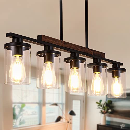 NSRCE Kitchen Island Light,5-Light Dining Room Light Fixture, Pendant Lighting for Kitchen Island Dining Table Living Room with Glass Shade, Black Metal and Wood…