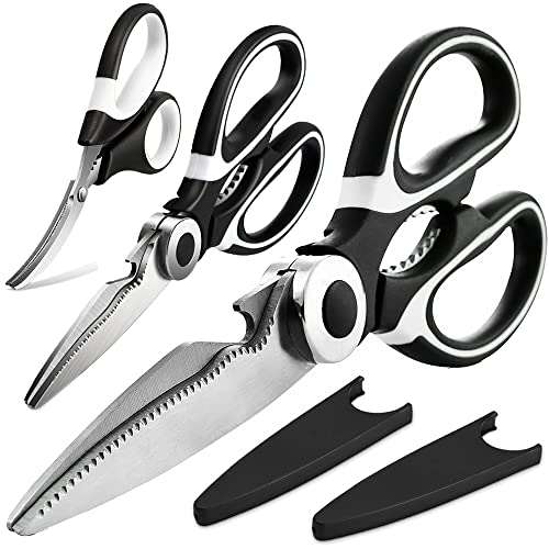OMDAR 3 Pack Kitchen Scissors - Lifetime Replacement Warranty- Heavy Duty Stainless Steel Cooking Shears for Cutting Meat, Food, Fish, Poultry Multipurpose Sharp Sissors
