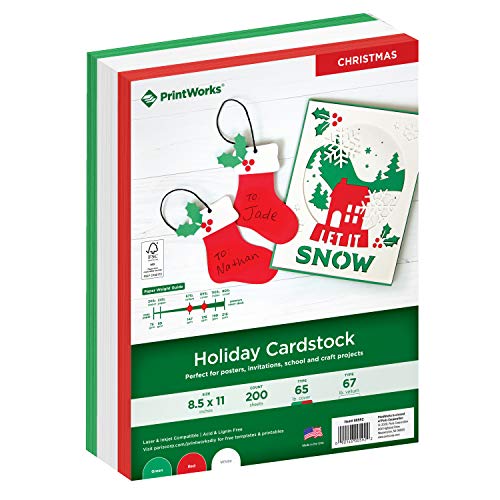 Printworks Holiday Cardstock, 67lb Heavyweight Cardstock, Includes Red, Green, and White Cardstock, 200 sheets total, Perfect for Christmas Cards, Gift Tags, Party Announcements & Craft