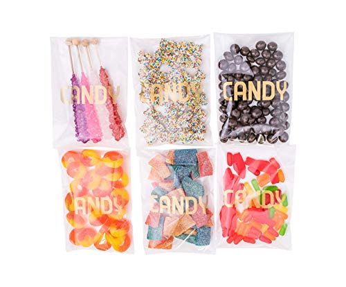 Sweet Details Party Co. Cellophane 'Candy' Bags (100 Pack) Gold & Clear Goodie Bags for Candy Bar & Buffet Gifts- Wedding/Birthday Party Favor Bags- Self-Sealing & Resealable Adhesive - NO Ties!
