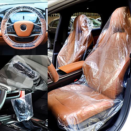 Tallew 250 Pcs Disposable Car Seat Covers Plastic Seat Covers Clear Car Seat Protector Includes Wheel Covers, Gear Selector Covers and Handbrake Cover for Auto Truck Bus Accessories