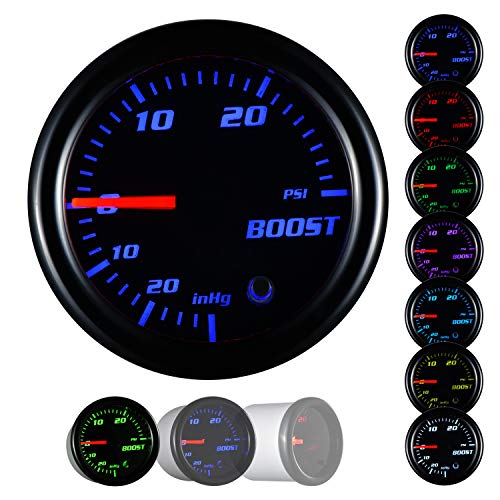 Turbo Boost/Vacuum Gauge Kit 30 PSI Tinted 7 Color - Includes Mechanical Hose & T-Fitting - Black Dial - Smoked Lens - for Car & Truck - 55mm
