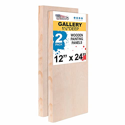 U.S. Art Supply 12" x 24" Birch Wood Paint Pouring Panel Boards, Gallery 1-1/2" Deep Cradle (Pack of 2) - Artist Depth Wooden Wall Canvases - Painting Mixed-Media Craft, Acrylic, Oil, Encaustic