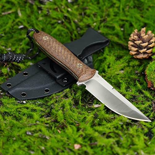 VALKNUT Fixed Blade Knife, D2 Steel Blade Full Tang Knives for Hunting Survival Bushcraft, 4'' Straight Back Blade Outdoor Camping Knife with Micarta Handle and Kydex Sheath