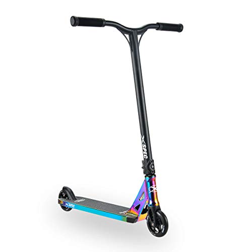 Xspec Rainbow Neo Chrome Pro Stunt Kick Scooter, Unique Oil Slick Anodized Design Trick Scooter, BMX Handlebars w/Reinforced Aluminum Wheels and Fork