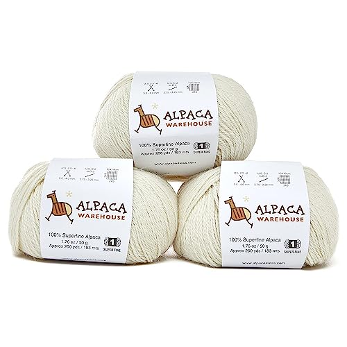 100% Alpaca Yarn Wool Set of 3 Skeins Fingering Lace Worsted Weight - Heavenly Soft and Perfect for Knitting and Crocheting (Ivory, Fingering)