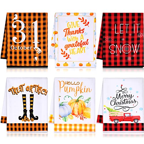 6 Pcs Halloween Trick or Treat Hand Towels 23.6 x 15.7 Inch Pumpkin Kitchen Towels Decorative Set Fall Hand Towels Bathroom Thanksgiving Christmas Tea Dishcloths(Joy Style)