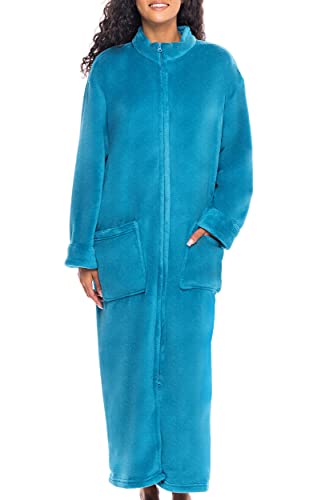 Alexander Del Rossa Womens Robe, Full-Length Fleece Zipper Bathrobe with Two Large Front Pockets, Turquoise Green, Large-X-Large