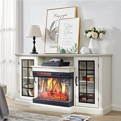 AMERLIFE 3-Sided Glass Fireplace TV Stand for TVs up to 65'', Media Entertainment Center Console Table with Door Closed Storage, Distressed White