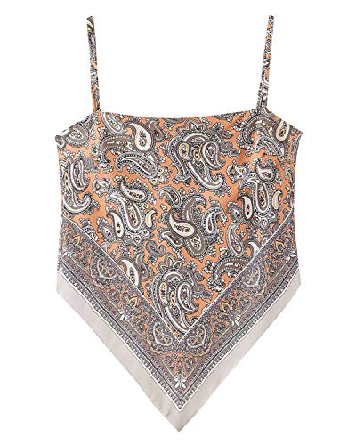 Arjungo Women's Paisley Print Tie Back French Knot Hanky Hem Spaghetti Straps Handkerchief Cami Bandana Tube Crop Top Apricot