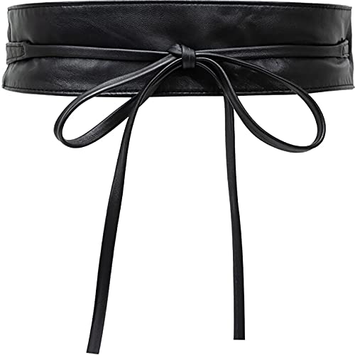 BAOKELAN Leather Obi Belt for Women Lace Up Waist Belts Wide Wrap Waistband for Dress Black Width 10CM
