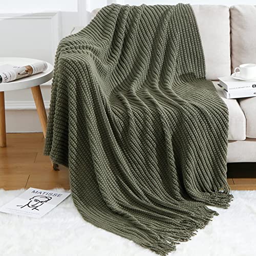 Blagic Knitted Throw Blanket for Couch Soft Farmhouse Boho Throw Blanket with Tassels Home Decorative Lightweight Throw Blankets,Dark Green Throws for Bed/Chair/Sofa, Wheat Textured, 50" W x 60" L