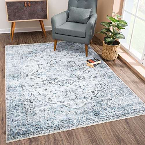 Bloom Rugs Caria Washable Non-Slip 4x6 Rug - Ivory/Blue/Gray Traditional Persian Area Rug for Living Room, Bedroom, Dining Room, and Kitchen - Exact Size: 4' x 6'