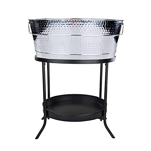 BREKX Aspen Hammered Stainless-Steel Beverage Tub, Ice and Drink Bucket with Metal Stand, 25-Quart for Parties