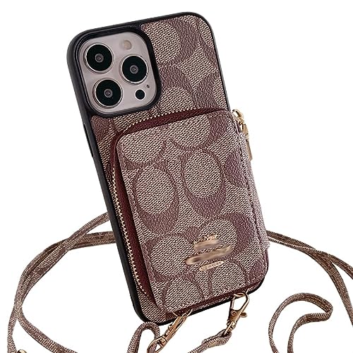 Designer Crossbody Wallet Case Compatible with iPhone 13 Pro Max , Luxury Zipper Phone Case with RFID Blocking Card Holder Long Shoulder Strap Purse Cover Gift for iPhone 13 Pro Max (6.7 inch Khaki)