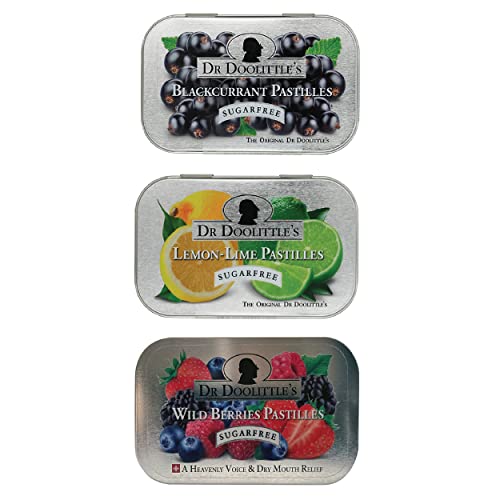 Dr. Doolittle’s Soft Fruit Pastilles Sugar Free Variety Pack for Voice and Throat, 2.12 Ounce Tin, Approximately 25 Count Package, 3 Pack