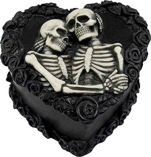 DWK - To Have & To Hold - Beautiful Gothic Skeleton Lovers Embracing on Black Rose Wreath Keepsake Jewelry Trinket Stash Box with Red Interior Romantic Goth Valentine's Day Home Decor Accent, 5-inch