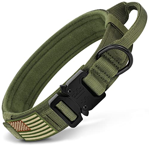 Erbine Strong Tactical Dog Collar, Military Dog Collar with Durable Handle, Thick Wide Heavy Duty Dog Collars with Metal Buckle for Medium Large and Extra Large Dogs(Army Green,L)